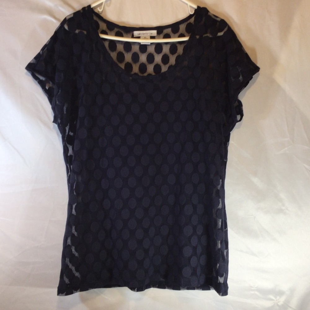 Liz Claiborne size XL navy blue polka dot sheer overlay blouse with cami classic